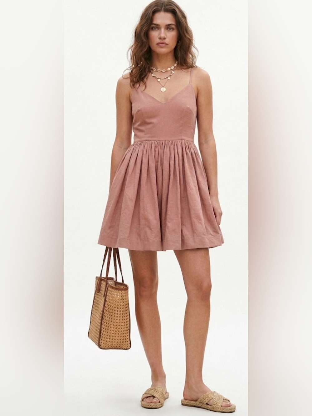 Sleeveless V-Neck Gathered Mini Dress in Dusty Rose